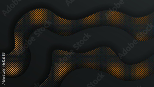 Black paper cut background. Abstract realistic paper cut decoration textured with wavy layers and golden halftone effect pattern. 3d topography relief. Vector illustration. Cover layout template.