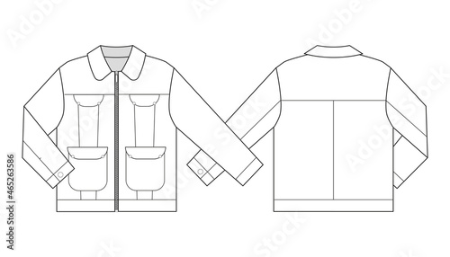 Fashion technical drawing of oversized zipped jacket with collar and pockets