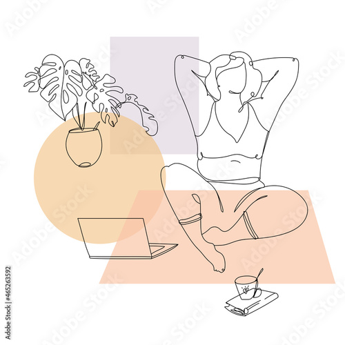plus size curvy woman relaxing or working at home with laptop sitting on the floor with a book and a cup of tea.Vector illustration in trendy minimalist outline style.