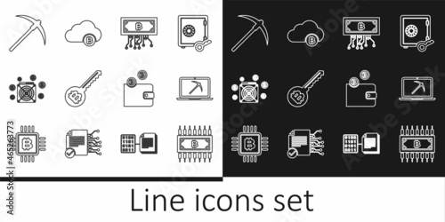 Set line Cryptocurrency bitcoin with circuit, Mining laptop and pickaxe, key, ASIC Miner, Pickaxe, wallet and cloud mining icon. Vector