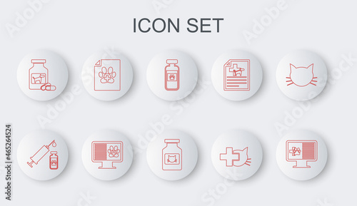 Set line Clinical record pet on monitor, Syringe with vaccine, Pets vial medical, Veterinary clinic, Dog medicine bottle and pills, Medical certificate for dog cat, and Cat icon. Vector