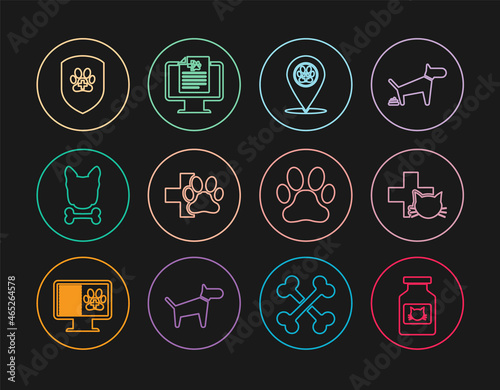 Set line Cat medicine bottle, Veterinary clinic, Location veterinary, Dog and bone, Animal health insurance, Paw print and Clinical record pet monitor icon. Vector