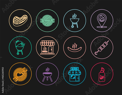 Set line Ketchup bottle, Grilled shish kebab, Barbecue grill, shopping building, Steak meat, Sausage and with sausage icon. Vector