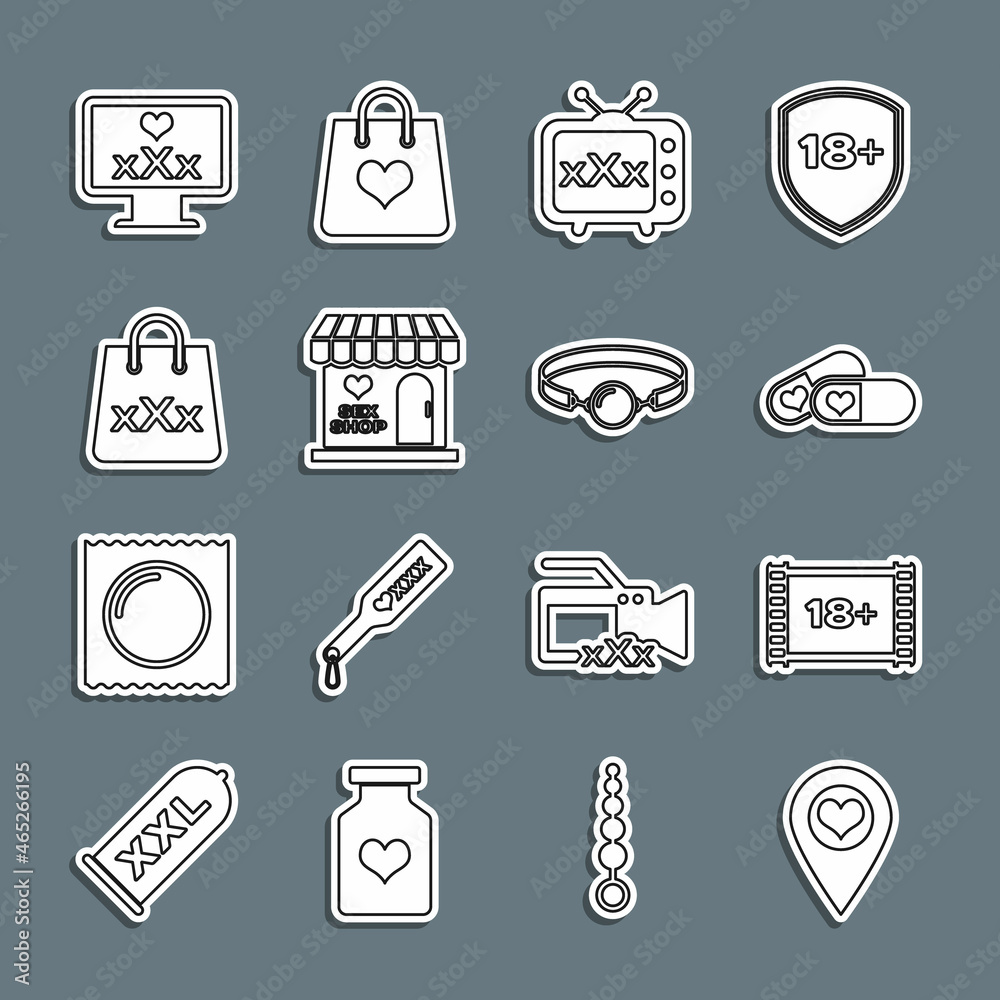 Set line Location with heart, Play Video 18 plus, Pills for potency, Sex tv old television, shop building, Shopping bag triple X, Monitor content and Silicone ball gag icon. Vector Set line Location with heart, Play Video 18 plus, Pills for potency, Sex tv old television, shop building, Shopping bag triple X, Monitor content and Silicone ball gag icon. Vector