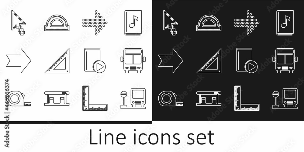 Fototapeta premium Set line Bus stop, Dots arrow, Triangular ruler, Arrow, Pixel cursor, Audio book and Protractor grid icon. Vector