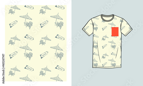 Hawaiian beach all over print Summer T-shirt with a pop color pocket. Seamless Patterns with Editable elements in Vector Format.