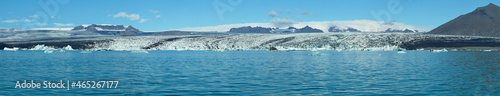 Panoramic view of Breiðamerkurjökull glacier from lake Jökulsarlon in Vatnajökull National Park, Iceland, Europe 