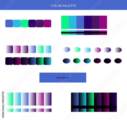 Colorful bright modern swatches color palette collection with set gradient on white and black, vector. Shiny gradient samples collection. Manufacturing color design, interior, clothing, fabric, ideas.
