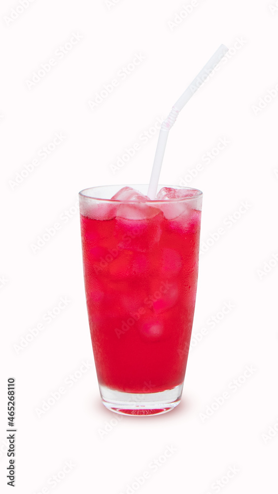 Red nectar. Summer sweet iced drink red in glass tall with a straw. Drink and refresh. Red nectar quenches thirst, Water is mixture of red and sugar. Isolated on white background Red nectar. Summer sweet iced drink red in glass tall with a straw. Drink and refresh. Red nectar quenches thirst, Water is mixture of red and sugar. Isolated on white background