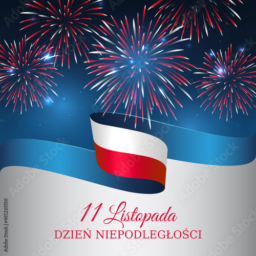 Banner november 11, poland independence day, vector template of the polish flag. National holiday. Waving flag on blue background with fireworks. Translation: November 11, Independence Day of Poland