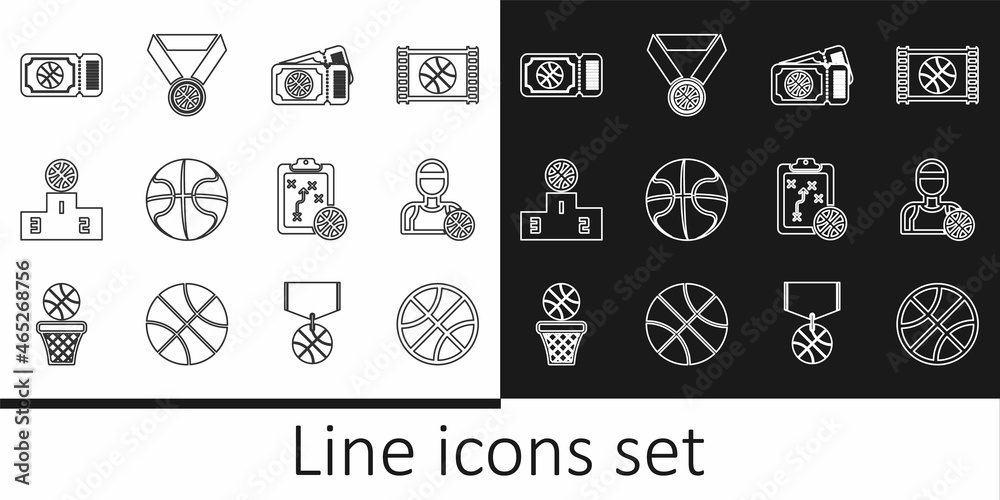 Set line Basketball ball, player, game ticket, Sports winner podium, Planning strategy and medal icon. Vector