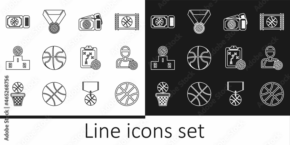 Set line Basketball ball, player, game ticket, Sports winner podium, Planning strategy and medal icon. Vector Set line Basketball ball, player, game ticket, Sports winner podium, Planning strategy and medal icon. Vector