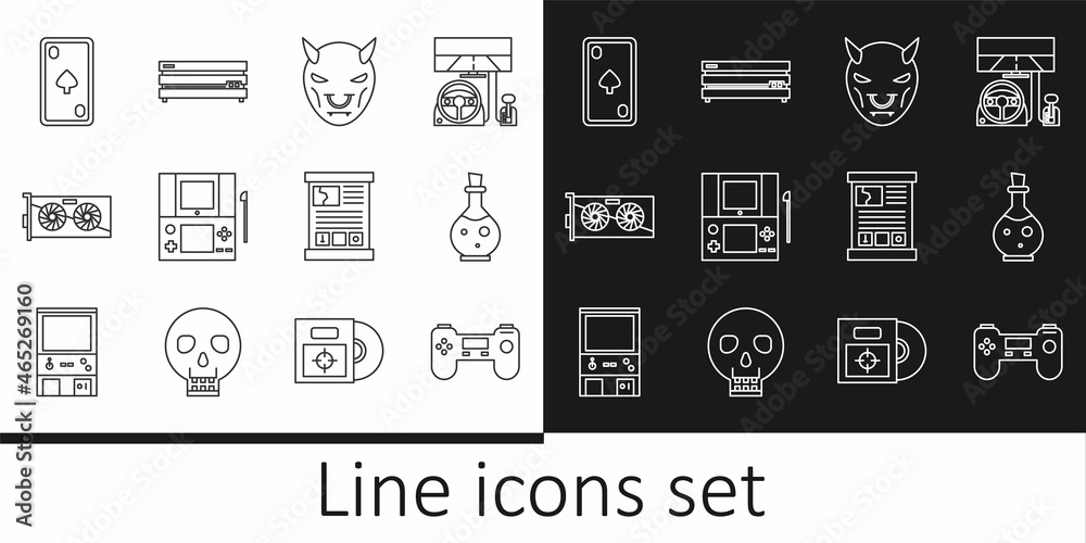 Set line Gamepad, Bottle with magic elixir, Mask of the devil horns, Portable video game console, Video graphic card, Playing diamonds, guide and icon. Vector