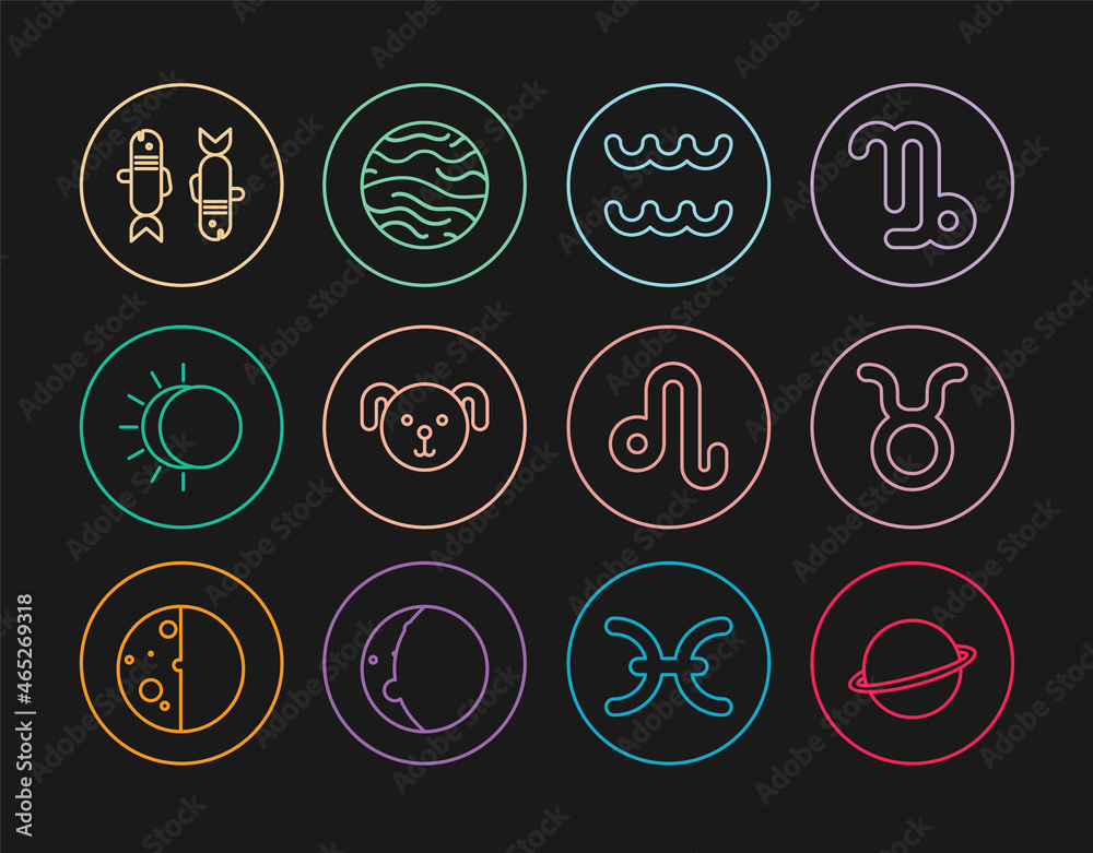 Set line Planet Saturn, Taurus zodiac, Aquarius, Dog, Eclipse of the sun, Pisces, Leo and Venus icon. Vector Set line Planet Saturn, Taurus zodiac, Aquarius, Dog, Eclipse of the sun, Pisces, Leo and Venus icon. Vector