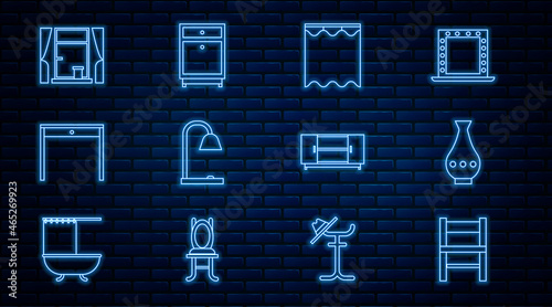 Set line Chair, Vase, Curtains, Table lamp, Wooden table, Window with curtains, TV stand and Furniture nightstand icon. Vector