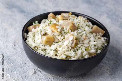 Traditional delicious Turkish foods; Artichoke rice (Turkish name; Enginarli pirinc pilavi)