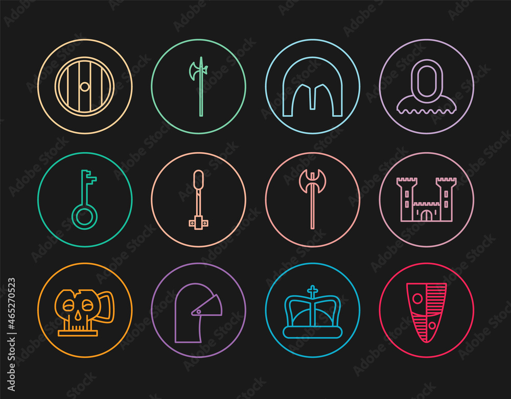 Set line Shield, Castle, Medieval iron helmet, Torch flame, Old key, Round wooden shield, axe and halberd icon. Vector Set line Shield, Castle, Medieval iron helmet, Torch flame, Old key, Round wooden shield, axe and halberd icon. Vector