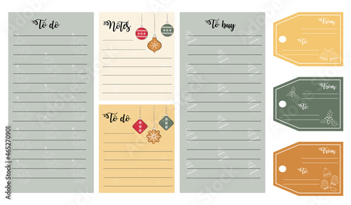 Christmas gift tags. Cute Christmas and New Year to do list and notes template. Note paper and stickers set with Christmas winter elements. Template for agenda, schedule, planners, checklists.