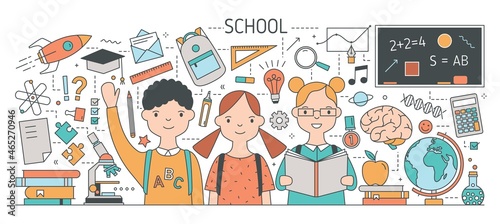 Back to school horizontal banner with adorable smiling kids or pupils surrounded by textbooks, educational materials, study and education symbols. Colorful vector illustration in modern linear style.