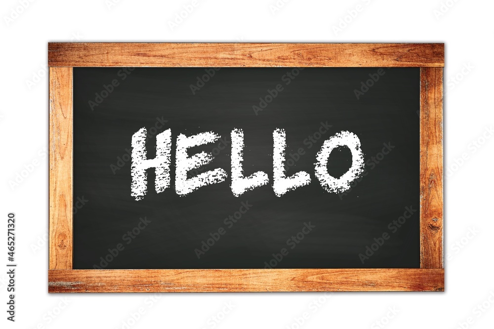 HELLO text written on wooden frame school blackboard. HELLO text written on wooden frame school blackboard.