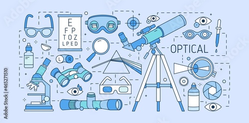 Colorful web banner template with optical equipment, various eyesight correction devices, ophthalmic tools, optic lenses on blue background. Creative vector illustration in modern linear style.