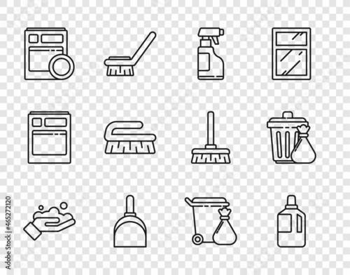 Set line Washing hands with soap, Fabric softener, Spray bottle detergent liquid, Dustpan, Kitchen dishwasher machine, Brush for cleaning, Trash can garbage bag and icon. Vector