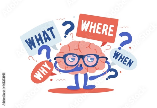 Adorable curious human brain with glasses solving riddles surrounded by questions and interrogation points. Cartoon character isolated on white background. Colorful vector illustration in flat style.