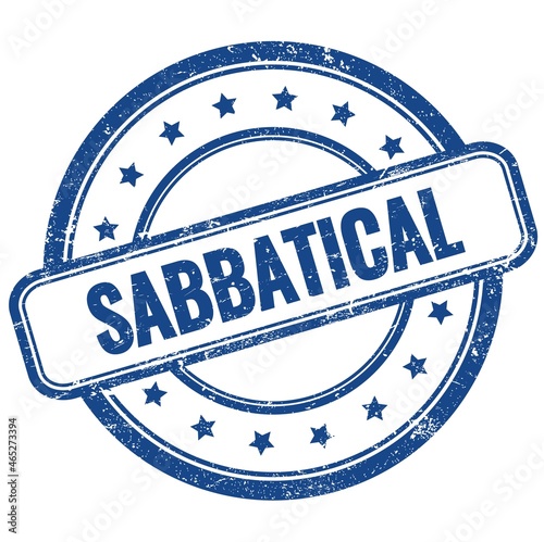 SABBATICAL text on blue grungy round rubber stamp.