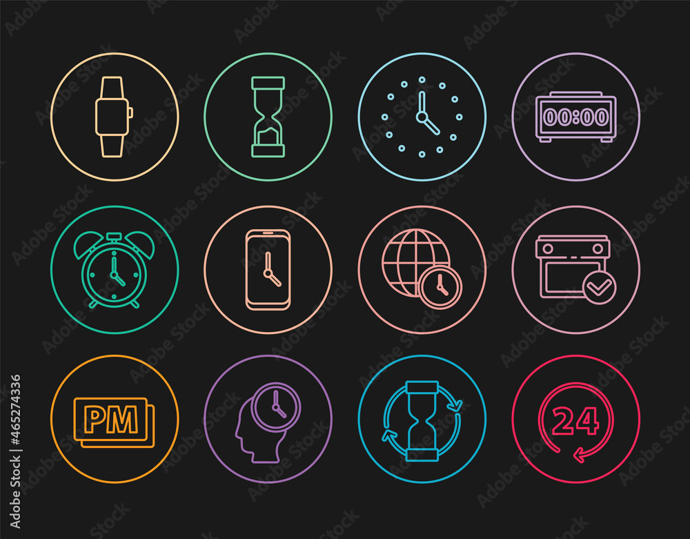 Set line Clock 24 hours, Calendar with check mark, Alarm clock app mobile, Smartwatch, World time and Old hourglass icon. Vector
