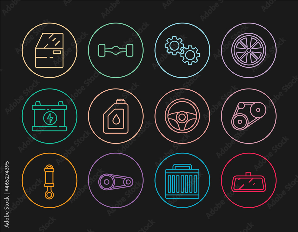 Set line Car mirror, Timing belt kit, Gear, Canister for motor oil, battery, door, Steering wheel and Chassis car icon. Vector Set line Car mirror, Timing belt kit, Gear, Canister for motor oil, battery, door, Steering wheel and Chassis car icon. Vector