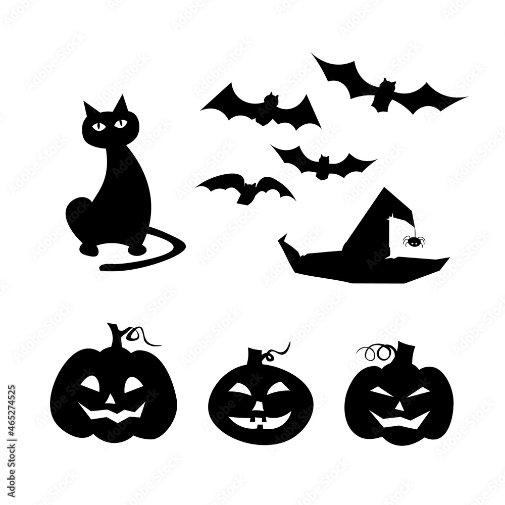Black and white drawing of cat, carved pumpkins, witch hat and bats. Vector Halloween background. Original mysterious painting for festive decoration, card, print, book illustration. Cartoon art.