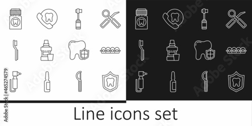 Set line Dental protection, Teeth with braces, Toothbrush, Mouthwash bottle, Painkiller tablet, and Online dental care icon. Vector