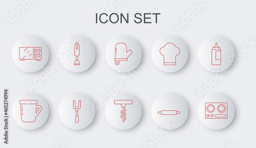 Set line Gas stove, Coffee cup, Oven glove, Rolling pin, Microwave oven, Blender, Barbecue fork and Wine corkscrew icon. Vector