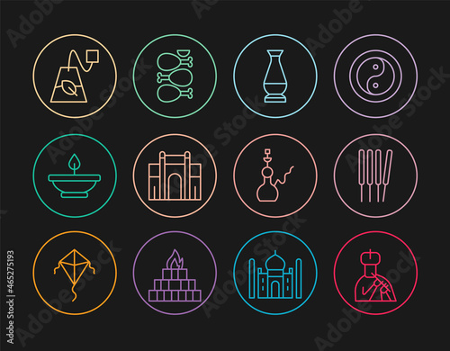 Set line Indian man plays flute, Aroma sticks, incense, vase, Gate Delhi, lamp, Tea bag, Hookah and Tandoori chicken icon. Vector