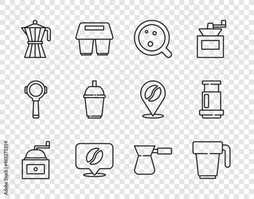 Set line Manual coffee grinder, Coffee cup, Location with bean, moca pot, to go, turk and Aeropress icon. Vector