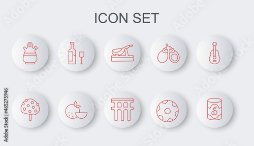 Set line Olives in can, Orange tree, Spanish jamon, Football ball, Sangria pitcher, Wine bottle with glass, fruit and Aqueduct of Segovia icon. Vector