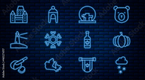 Set line Cloud with snow, Pumpkin, Montreal Biosphere, Snowflake, Lighthouse, Chateau Frontenac hotel, Beer bottle and Winter icon. Vector