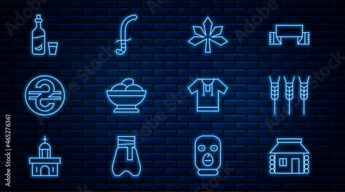 Set line Ukrainian house, Wheat, Chestnut leaf, Varenyky bowl, hryvnia, Vodka with pepper and glass, Embroidered shirt and Medieval sword icon. Vector