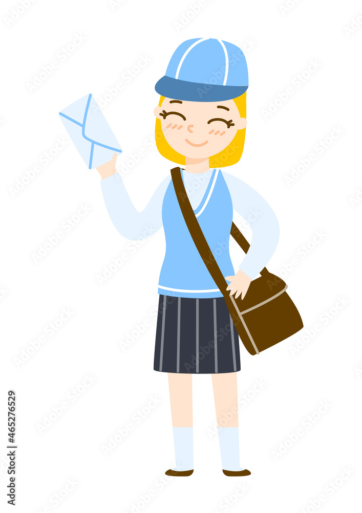 Cute cartoon postman girl with mail isolated on white background