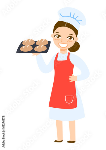 Cute cartoon baker with buns on a tray isolated on white background