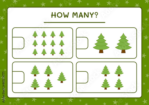 How many christmas tree, game for children. Vector illustration, printable worksheet