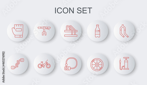 Set line Bicycle air pump, pedals, parking, wheel, Gloves, handlebar, and lock icon. Vector