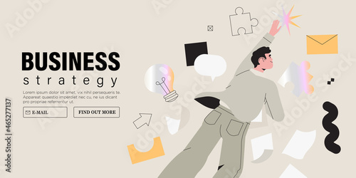 Vector illustration of business man getting or reaching star from the night sky with abstract geometric and outline elements. Concept of business growth, success, dream, new hights, achieving goal.