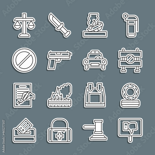 Set line Protest, Lying burning tires, Road barrier, Burning car, Pistol or gun, Ban, Scales of justice and Police and flasher icon. Vector