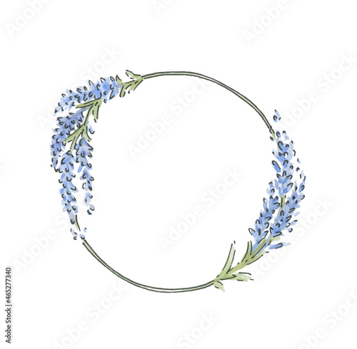 Round frame with lavender. Lavender sprigs watercolor illustration. Vector. Templates for photo, text, design, social media.