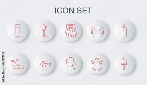 Set line Ringing bell, Sport boxing shoes, Boxing short, Stopwatch, Punching bag, belt and glove icon. Vector