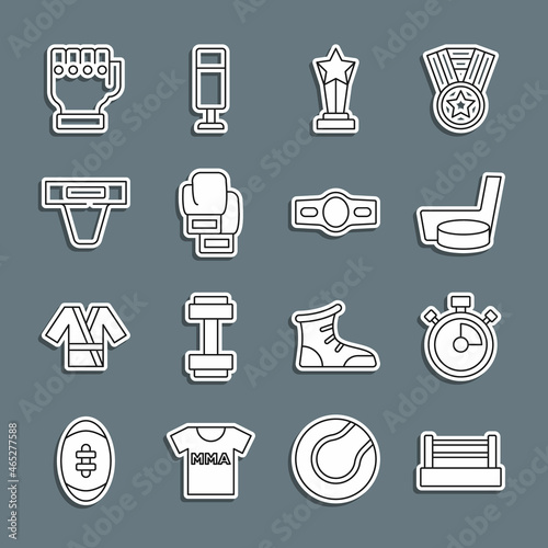 Set line Boxing ring, Stopwatch, Ice hockey stick and puck, Award cup, glove, Groin guard, MMA and belt icon. Vector