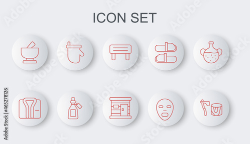 Set line Wooden axe in stump, Bathrobe, Sauna wood bench, Facial cosmetic mask, Mortar and pestle, mittens, Essential oil bottle and wooden bathhouse icon. Vector