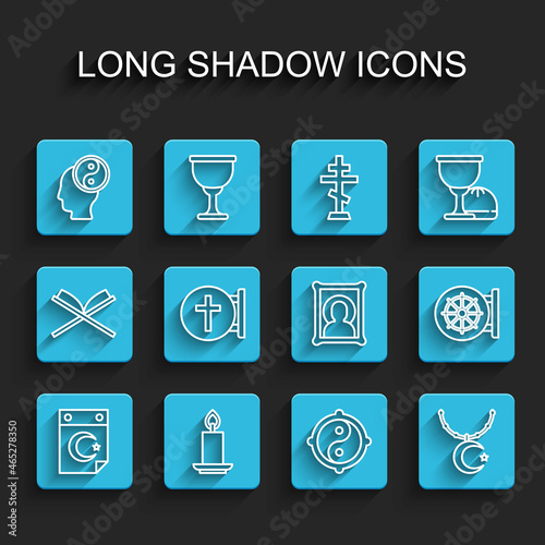 Set line Star and crescent, Burning candle, Yin Yang, on chain, Christian cross, Dharma wheel and icon icon. Vector