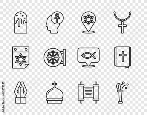 Set line Hands in praying position, Aspergillum, Star of David, Church tower, Easter cake, Dharma wheel, Decree, paper, parchment, scroll and Holy bible book icon. Vector